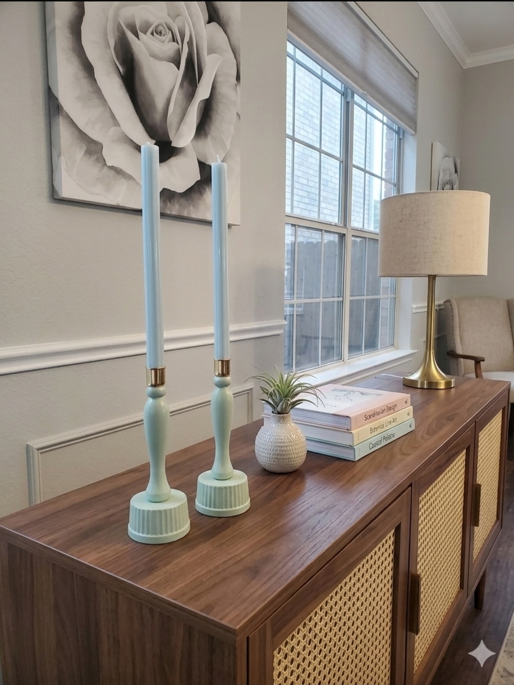 Mint Green Taper Candle Holders with Gold Accents - Unbranded